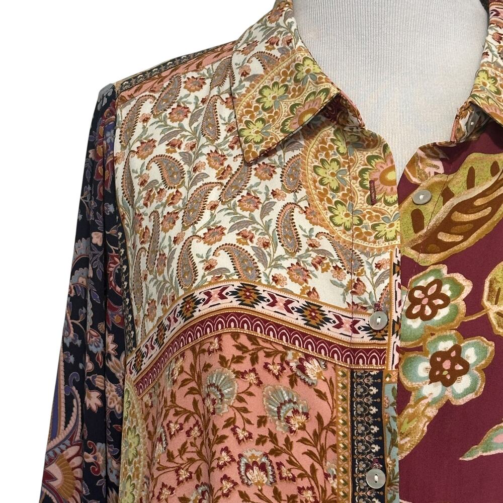 Rose & Olive Patchwork Button Top Womens Large Multicolor Paisley Floral Boho - Picture 3 of 10